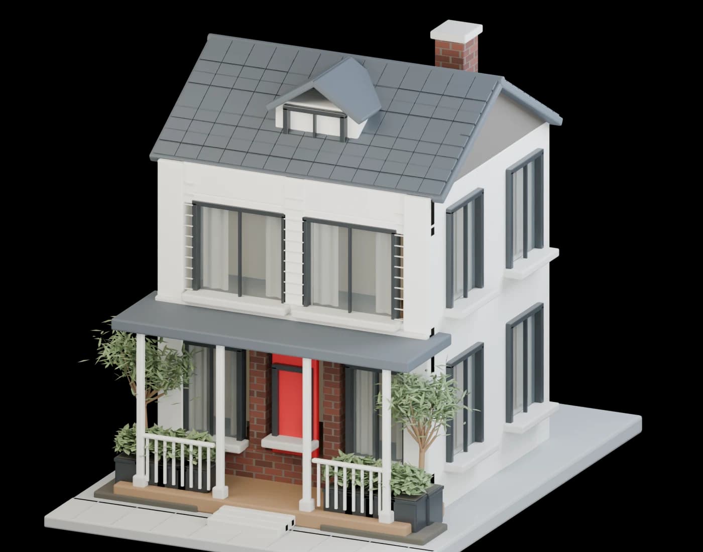 A crafted miniature home with a red front door, a porch, and warm windows at dusk